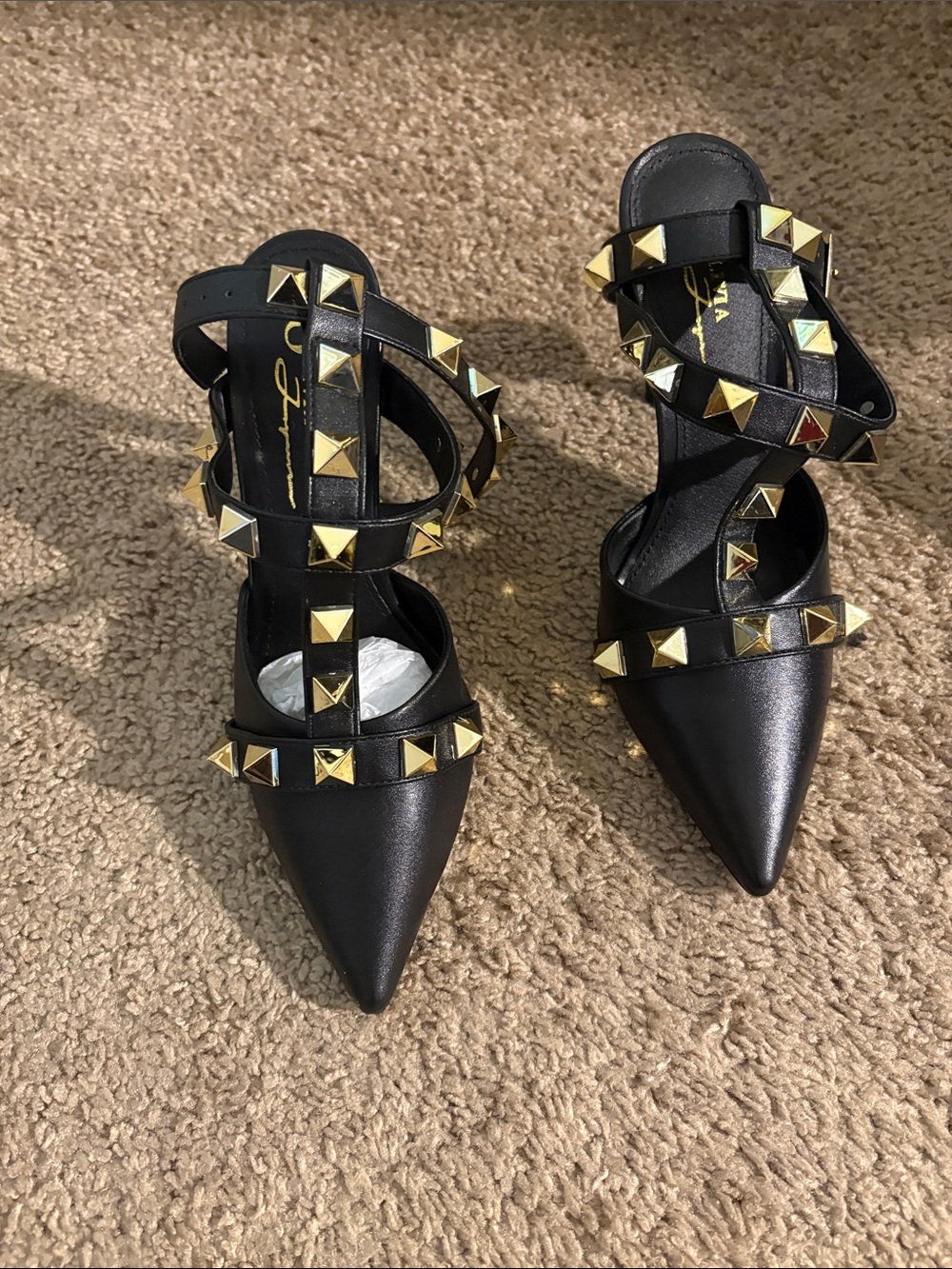 Black Pointed-Toe Studded Strappy Heels- 6.5